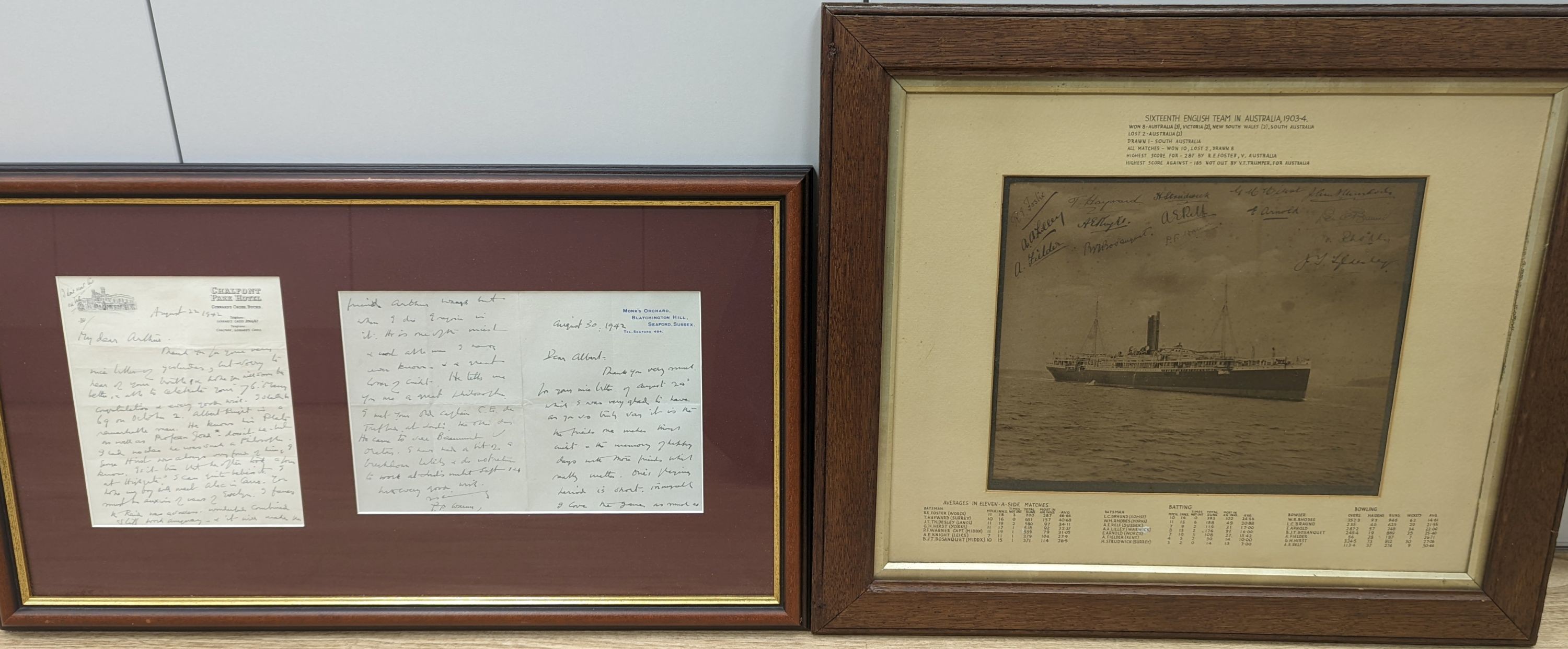 Ashes Cricket memorabilia: England Touring Australia, 1903-4, framed autographs of the England players on a photo of RMS Orontes and a framed letter written by the former captain of the Ashes tour Sir Pelham Francis ‘Plu
